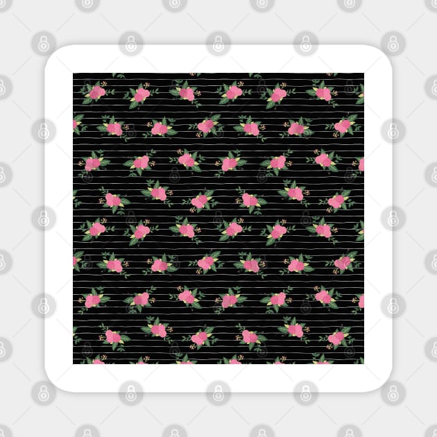 Pink Rose Flowers On Black And White Stripes Magnet by Sandra Hutter Designs