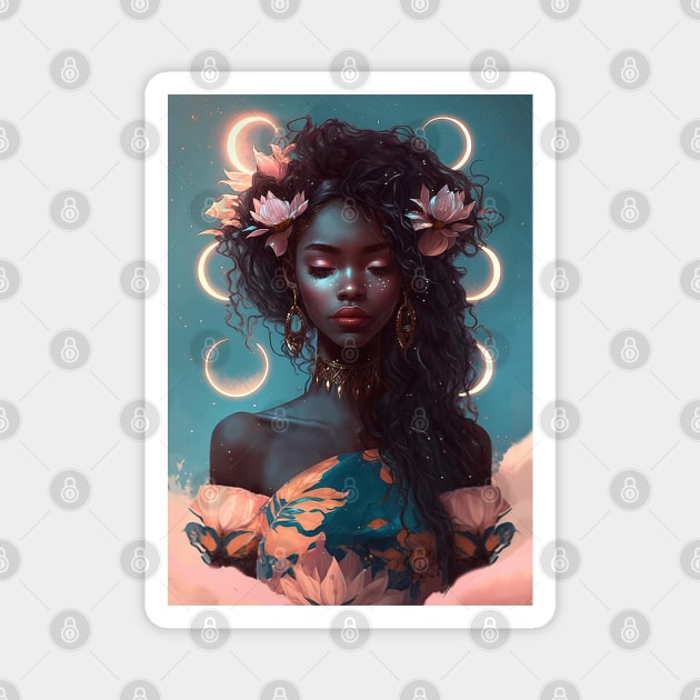 Aesthetic Beautiful Black Woman Moon Phase Magnet by GothicDesigns