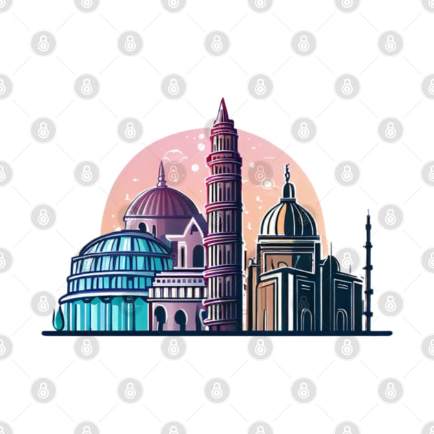 Designs that depict iconic and beautiful buildings from various parts of the world, such as the Eiffel tower, the Taj Mahal, the Colosseum or the Tower of Pisa. by maricetak