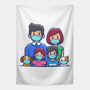 Familly wearing mask cartoon Tapestry