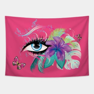 Blue eye with tropic floral and music notes Tapestry