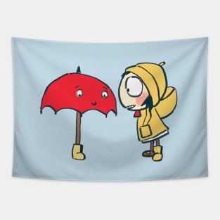 sarah sharing boot with red umbrella that fears rain / sarah and duck Tapestry