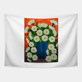 Some beautiful white carnations bursting out of this metallic blue vase Tapestry