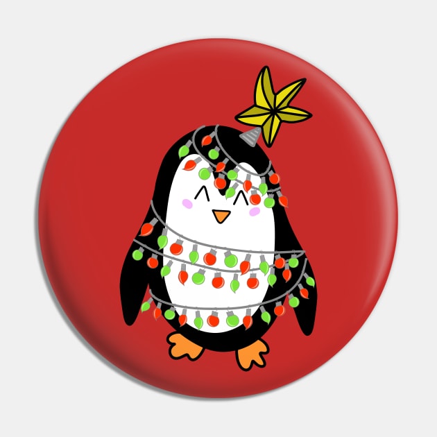 Cute Christmas Tree Lights Wrapped Penguin with a Star on his Head on a Maroon Backdrop, made by EndlessEmporium Pin by EndlessEmporium