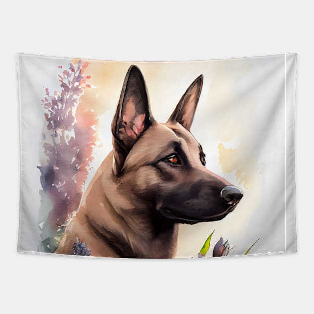 A Belgian Malinois Dog in a Garden Watercolor Tapestry by designs4days