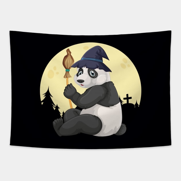 Cute Panda Wearing A Witch Hat Witch Broomstick Panda Lover Tapestry by FamiLane