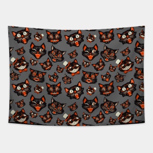 Retro Vintage Halloween Black Cat Faces Pattern - GRAY Tapestry