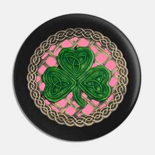 Celtic Knot Shamrock Pink Background Pin