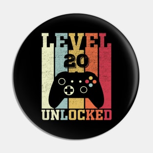 Level 20 Unlocked Funny Video Gamer 20th Birthday Gift Pin