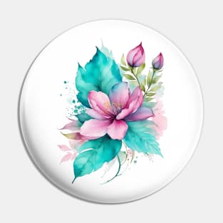 watercolor pink teal flower and leaf Pin