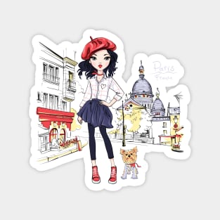 Fashion girl with dog in Paris Magnet