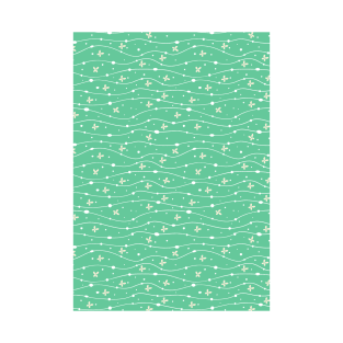 Green Wavy Lines, Dots and Flowers Pattern T-Shirt