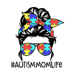 Womens Autism Mom Life Messy Bun Sunglasses Bandana Mother’s Day Gift T-Shirt