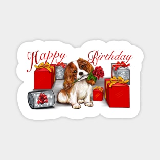 Happy birthday Cavoodle puppy dog with rose in its mouth surrounded by gifts. Cavapoo birthday Magnet