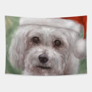 Painting of a Cute Poodle Maltese Mix with Red Santa Hat Tapestry