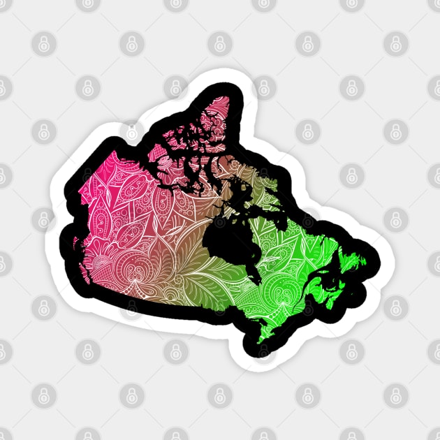 Colorful mandala art map of Canada with text in pink and green Magnet by Happy Citizen