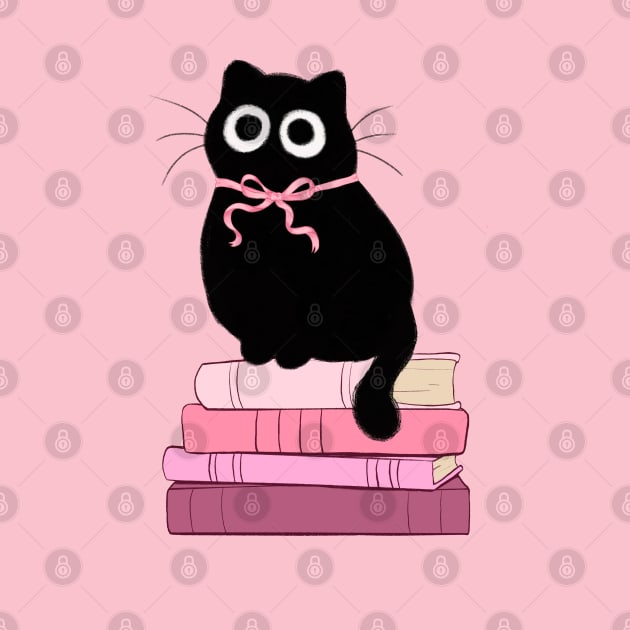 pink coquette cat on stack of books by Hanneliza