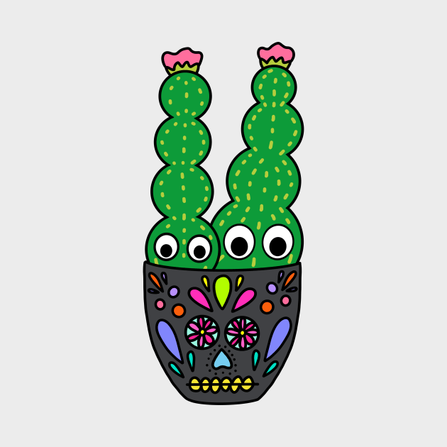 Cute Cactus Design #230: Cute Cacti In Sugar Skull Themed Pot by DreamCactus