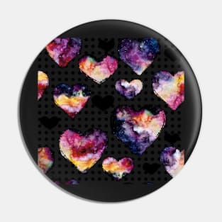 Watercolor Galaxy and Hearts on Polka Dot Background Pin