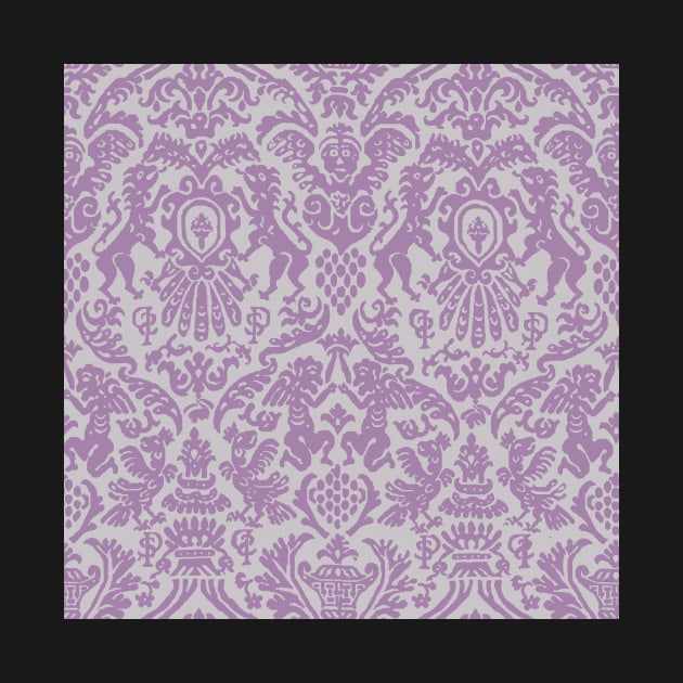 Lavender and Dusty Gray Weird Medieval Lions, Cherubs, and Skulls Scrollwork Damask by JamieWetzel