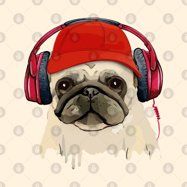 Pug, pug face and music headphones, pug lovers, gift for pug lovers by Collagedream