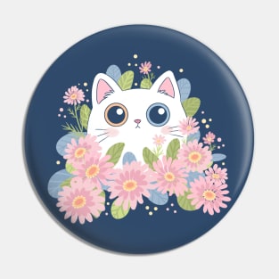 Cute white cat surrounded by pink flowers art Pin