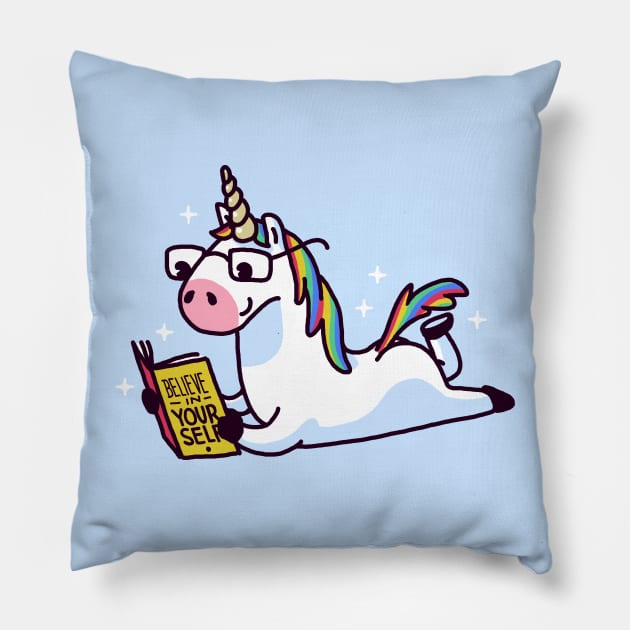 Unicorn Believe in Yourself Reading Book Pillow by vo_maria