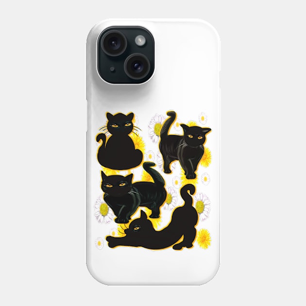 Cat silhouette on top of wildflowers feelings pattern black cats  among dandelions And daisies floral bright flowers Phone Case by Artonmytee