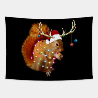 Squirrel Christmas Tree Lights Reindeer Santa Hat Xmas Squirrel Lover Gift Tapestry