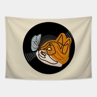 Vinyl - Cat gold and white and Butterlfy blue and red minimalist line art Tapestry