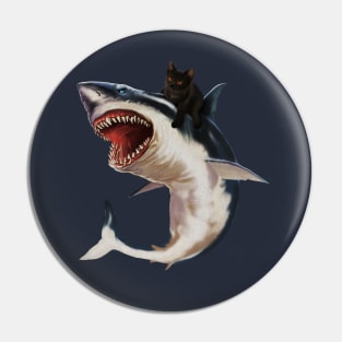 Funny Black Cat Riding a Shark, Cat Lover Pin