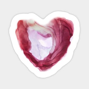 Abstract heart painted with alcohol ink. Sparkling red, pink, purple color. Magnet