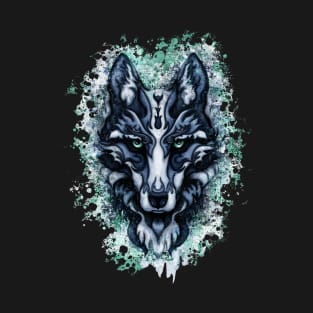 Splatter abstract wolf artwork, blue wolf face T-Shirt