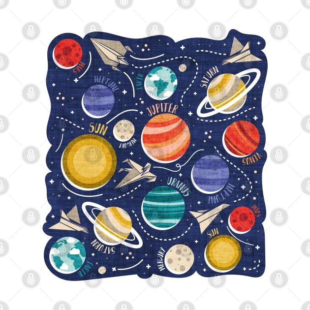 Paper space adventure I // illo // navy blue background multicoloured solar system paper cut planets origami paper spaceships and rockets by SelmaCardoso