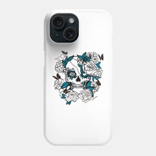 Skull Line Drawing with Butterflies and Flowers in Blue and Black Phone Case