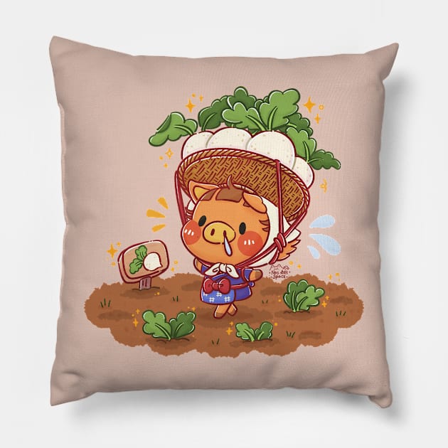 Cute Pig Turnip Farmer Pillow by Nas.ArtSpace