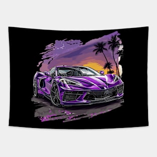 Purple C8 Corvette Stingray Tropical Sunset Supercar Racecar Muscle Car Sportscar Corvette C8 Tapestry