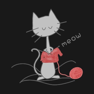 Grey Knitting Cat - Black T-Shirt