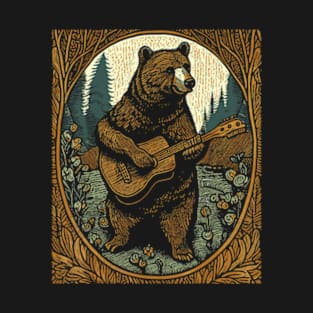 Bear Playing Guitar Vintage Cottagecore Cute Music T-Shirt