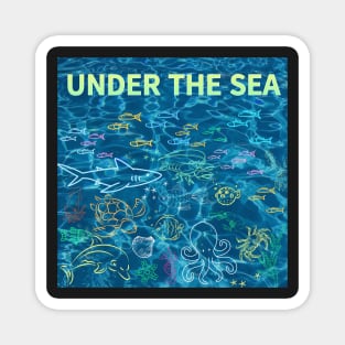 under the sea,blue sea,sea creatures,Turtle, puffer fish, starfish, shrimp, shark, tropical fish, sea horse, seaweed, sardines, squid, crabs, clams Magnet