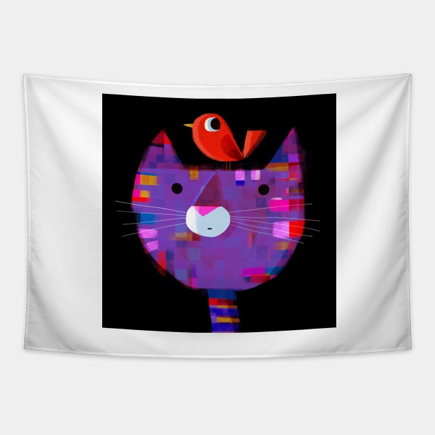 Cat With Pesky Bird Tapestry by Gareth Lucas