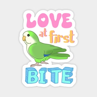 Love at first bite Green Quaker Funny Birb merch Parrot Kawaii Magnet