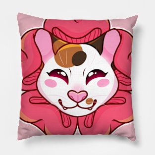 Calico Cat with Pink Flower Pillow