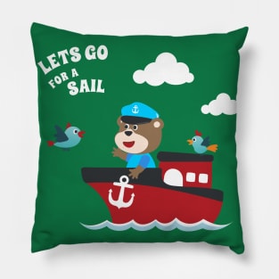 Cute bear the animal sailor on the boat with cartoon style. Pillow