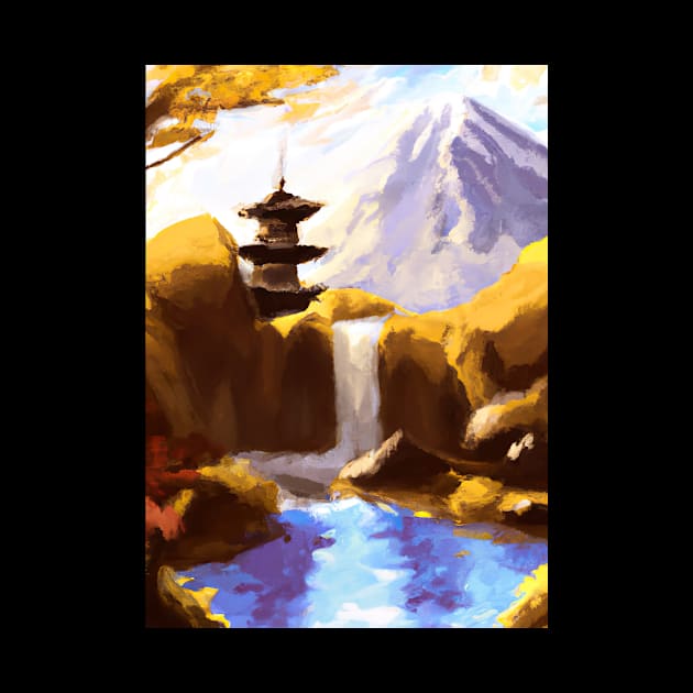 Japan Tower Waterfall Painting by maxcode