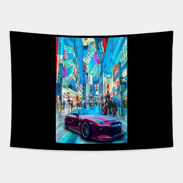 Car Tokyo Neon Synthwave Tapestry by JeffDesign