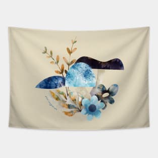 Indigo Portobello Mushrooms and Flowers Tapestry