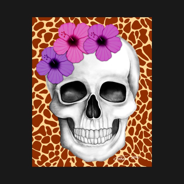 Skull With Flowers (On Giraffe Print Background) by GDGCreations