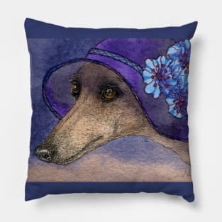 Whippet of Mystery Greyhound dog in fabulous hat with blue flowers Pillow