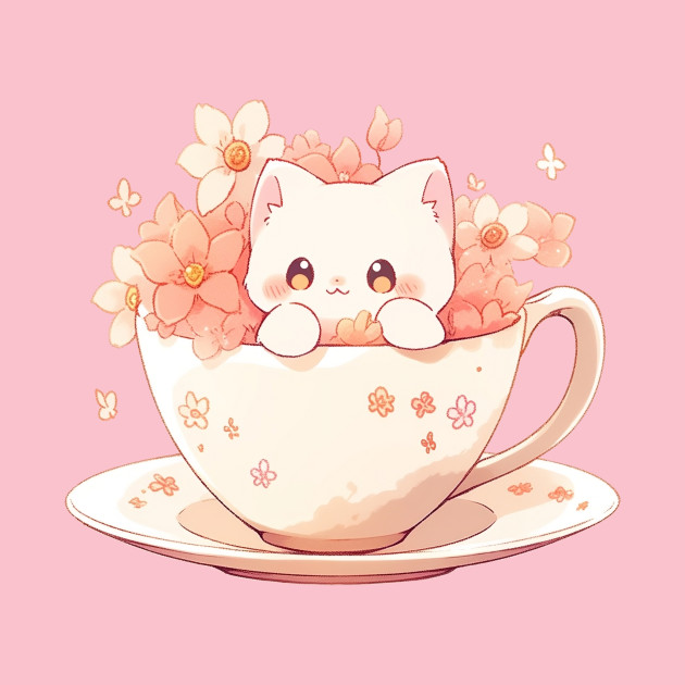 Cute Cat in a Teacup with Flowers by Seraphine